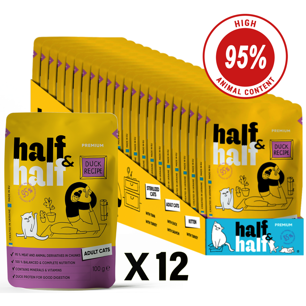 طعام قطط رطب Half&Half للبالغين ببط في الصلصة - 100 جرام × 12