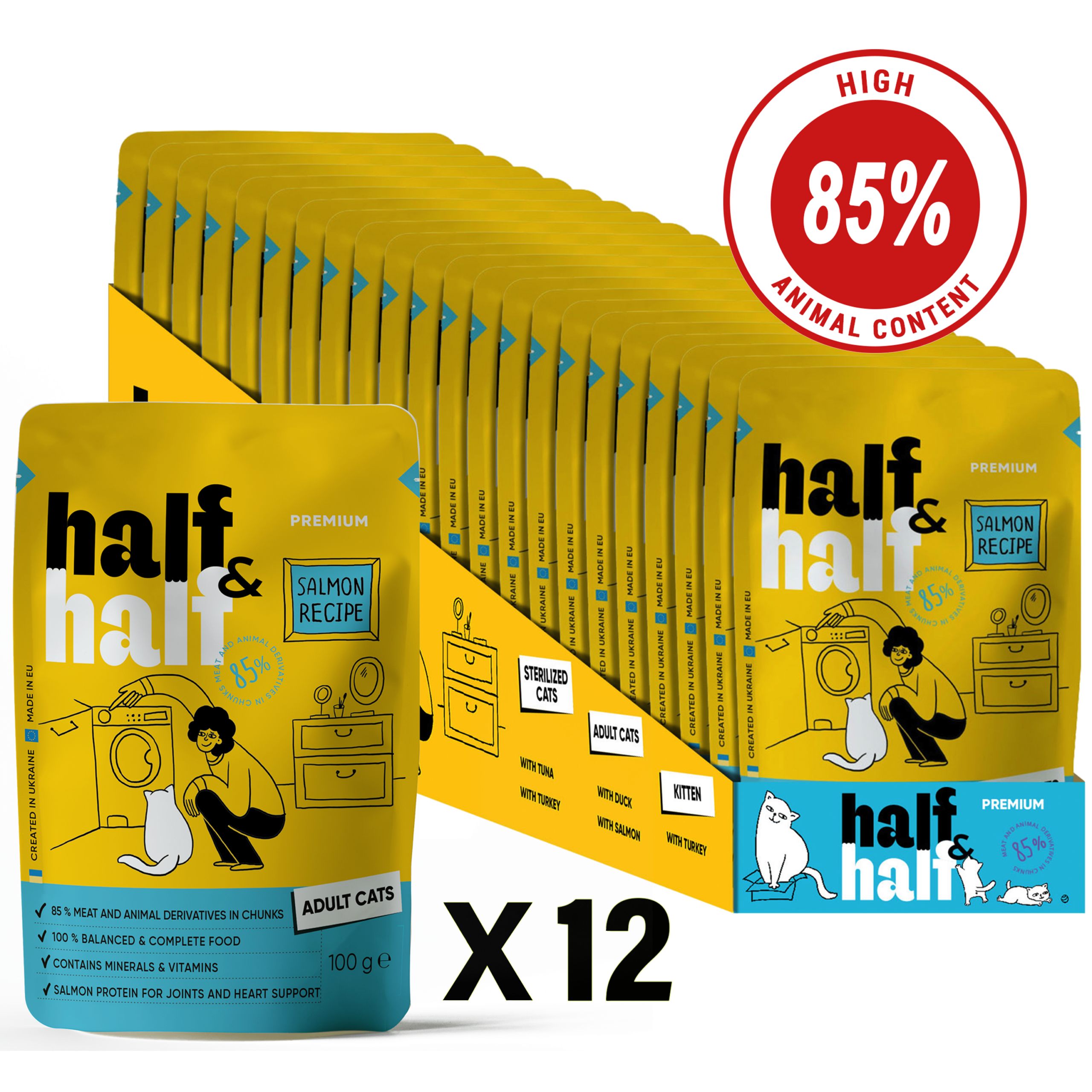 Half&Half Adult Cat Wet Food with Salmon in Jelly - 100g x12