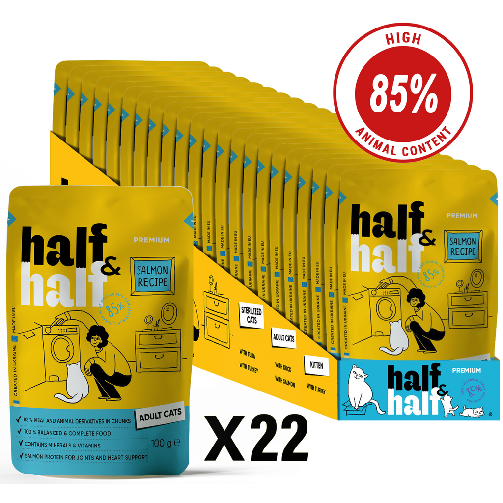 طعام قطط رطب Half&Half للقطط البالغة - وصفة السلمون في الجيلي 100 جرام × 22
