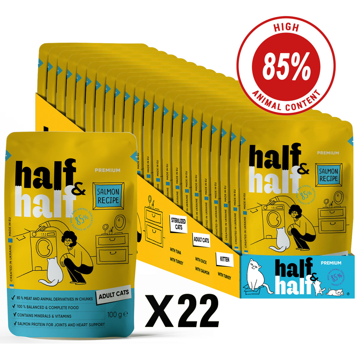 Half&Half Adult Cat Wet Food - Salmon recipe in Jelly 100g x22