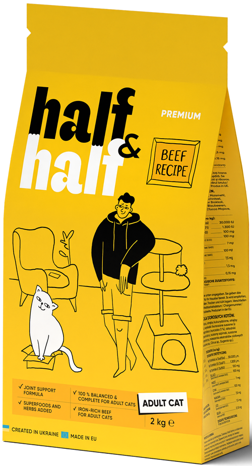 A yellow bag of Half&Half Premium Cat Food features a beef recipe, prominently displaying the brand name and product details. The packaging includes an illustration of a person and a cat, emphasizing its appeal for adult cats.