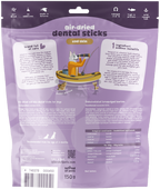 The image shows the back packaging of Island of Pets Air-dried Dental Sticks Cod Skin, featuring a purple background with illustrations of a dog and a cat on a boat.