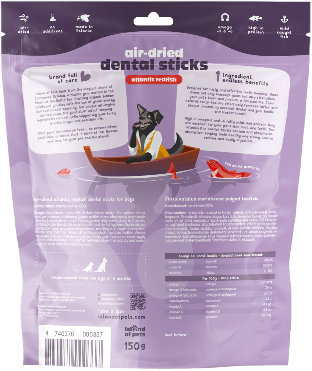 Island of Pets Air-dried Dental Sticks Atlantic Redfish 150g