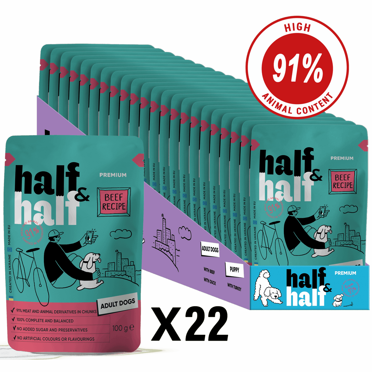 Half&Half Adult Dog Wet Food - Beef recipe in Sauce - 100g x22