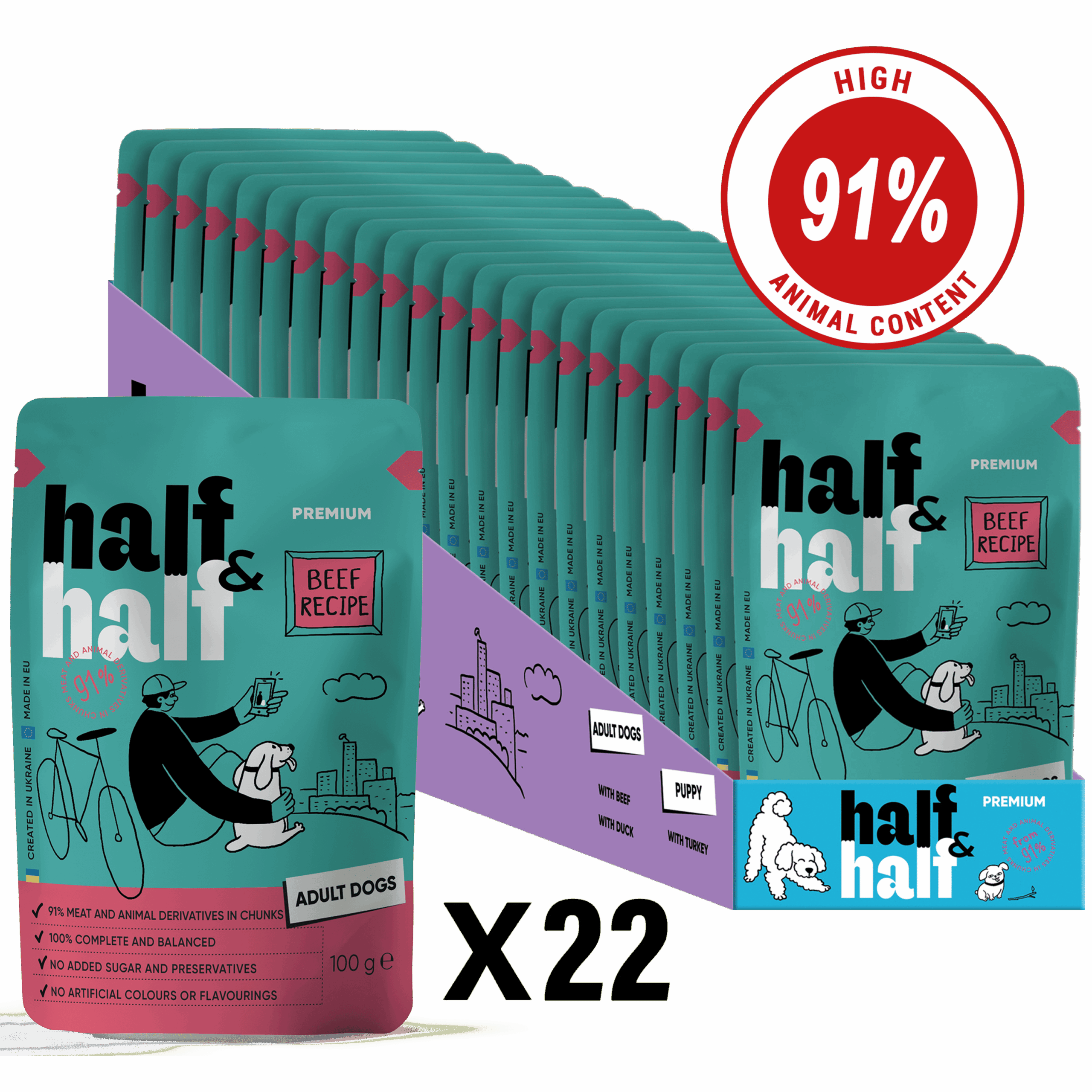Half&Half Adult Dog Wet Food - Beef recipe in Sauce - 100g x22