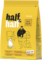 A vibrant yellow bag of Half&Half Premium Beef Recipe cat food is prominently displayed, featuring an illustration of a person sitting beside a cat.