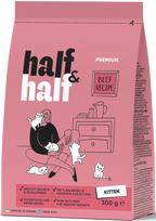 A pink bag of Half&Half kitten food is prominently displayed, featuring illustrations of a person surrounded by playful kittens. The packaging highlights the beef recipe and emphasizes healthy growth and development for kittens.