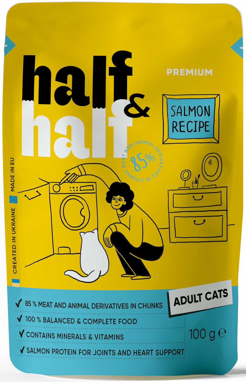 طعام قطط رطب Half&Half للقطط البالغة - وصفة السلمون في الجيلي 100 جرام × 22