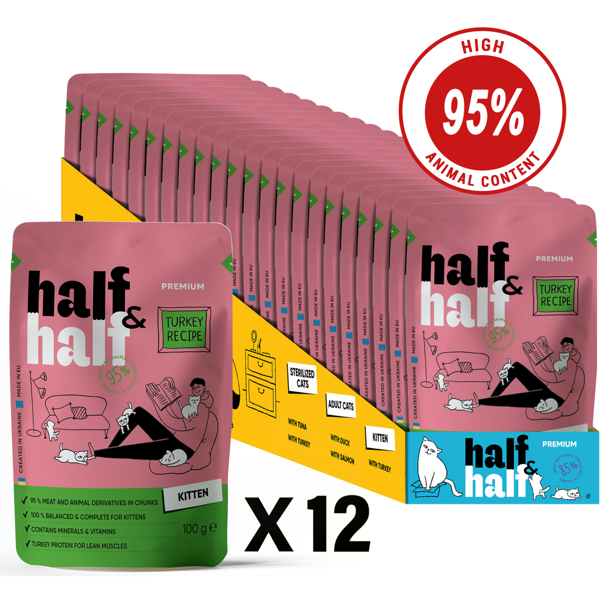 Half&Half Kitten Wet Food with Turkey in Jelly - 100g x12