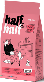 A vibrant pink bag of Half&Half Premium Kitten Food featuring a beef recipe. The packaging showcases illustrations of playful kittens and emphasizes healthy growth and development, along with key nutritional benefits.