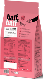 A pink bag of Half&Half Complete Dry Kitten Food with a beef recipe, prominently displaying nutritional information and a true promise label. The packaging emphasizes the product’s quality and suitability for growing kittens.