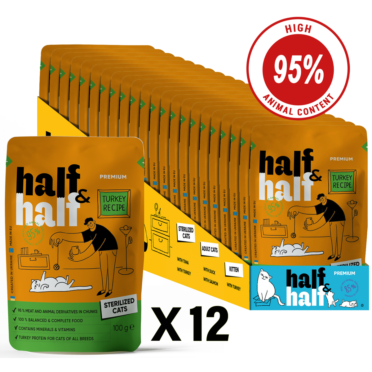 Half&Half Sterilized Cat Wet Food with Turkey in Jelly - 100g x12