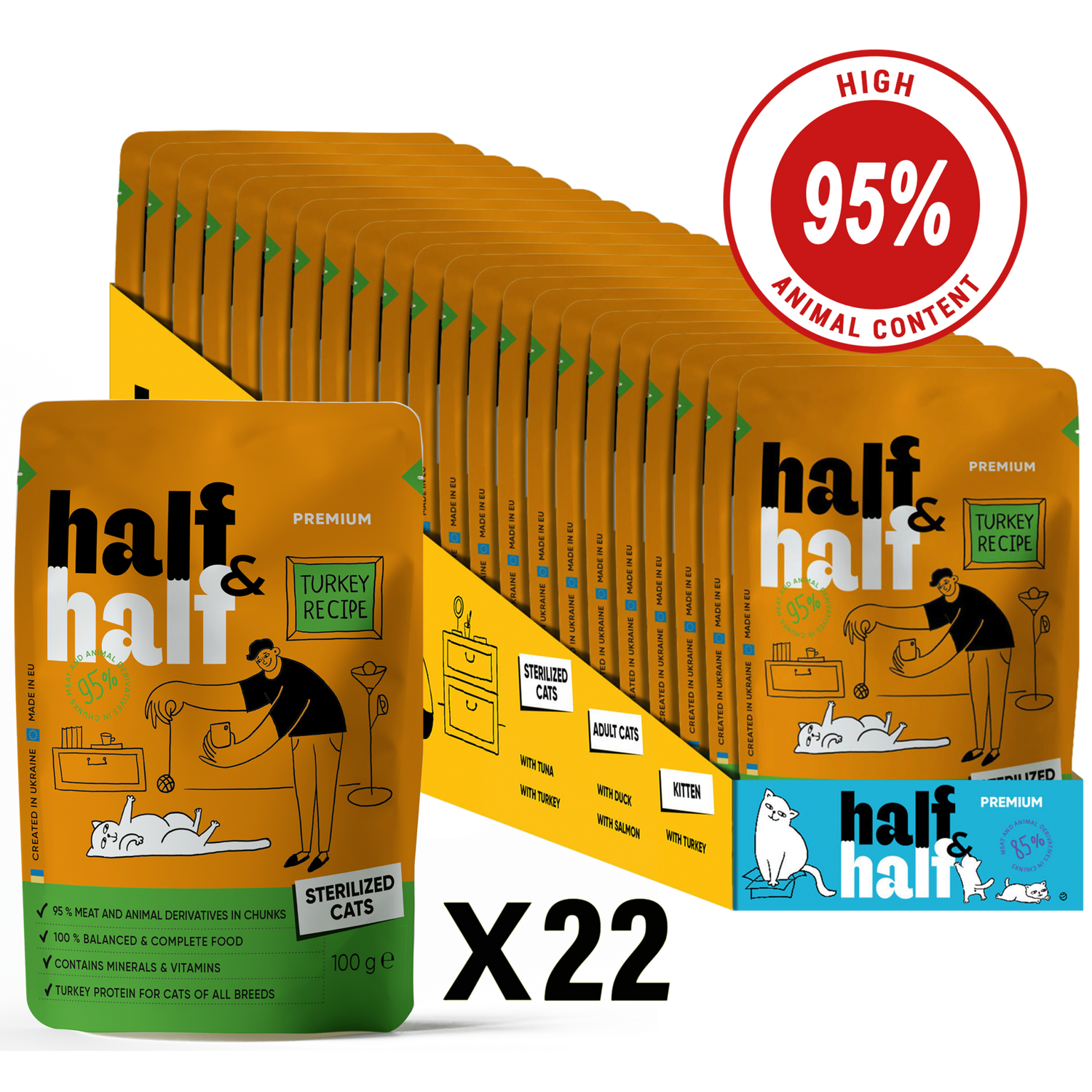 Half&Half Sterilized Cat Wet Food - Turkey recipe in Jelly 100g x22