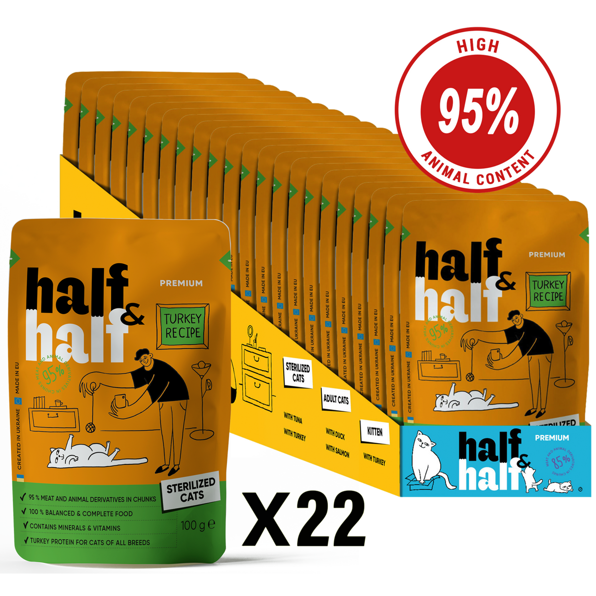 Half&Half Sterilized Cat Wet Food - Turkey recipe in Jelly 100g x22