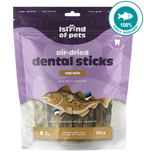A clear plastic bag contains Island of Pets Air-dried Dental Sticks made from cod skin, weighing 150g. The packaging features an illustration of a fish and highlights that the product is a single ingredient, human-grade chew for dogs.
