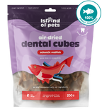 A package of Island of Pets Air-dried Dental Cubes featuring Atlantic Redfish is displayed against a white background.