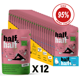 Half&Half Kitten Wet Food with Turkey in Jelly - 100g x12 - Turkey Recipe, Complete Growth Nutrition & Hydration Support