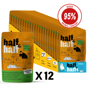 Half&Half Sterilized Cat Wet Food with Turkey in Jelly - 100g x12 - Turkey Recipe, Reduced-Calorie Nutrition & Hydration Support